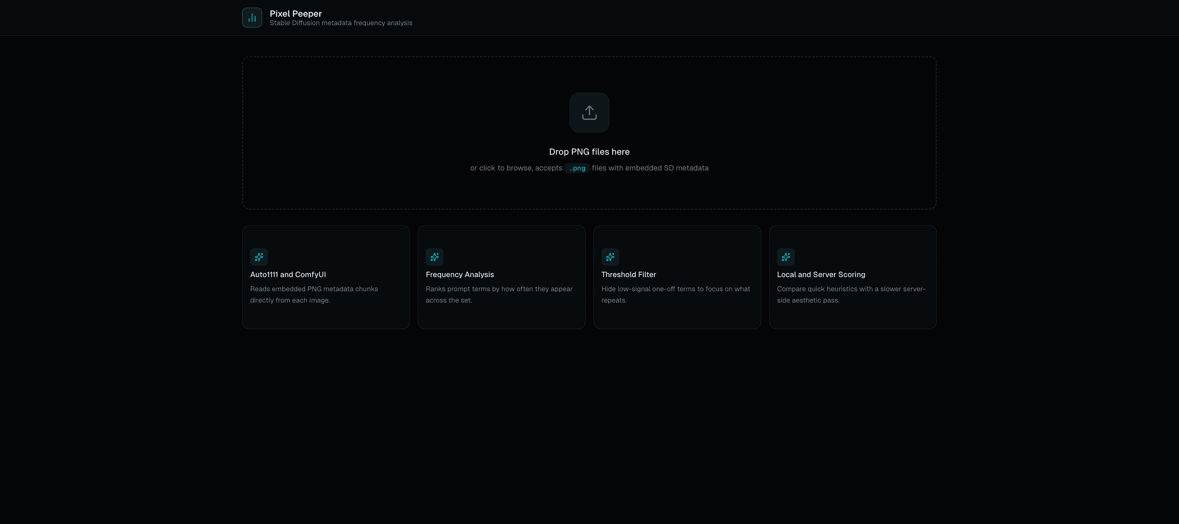 Pixel Peeper upload state with feature cards