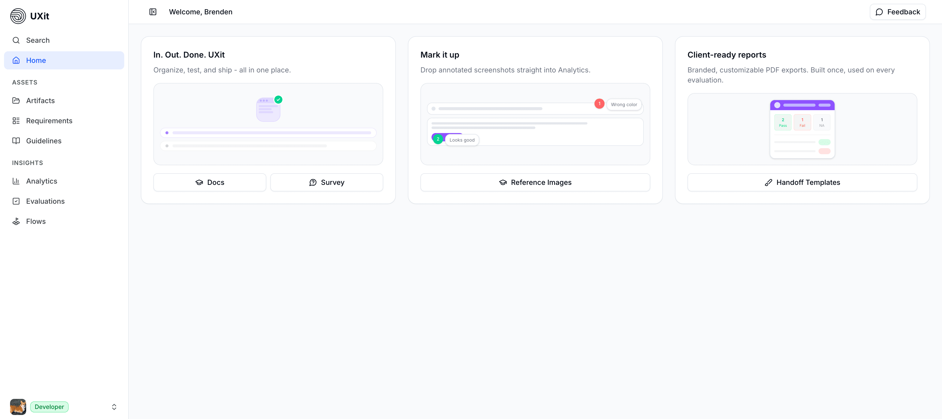 UXit home dashboard with workflow cards
