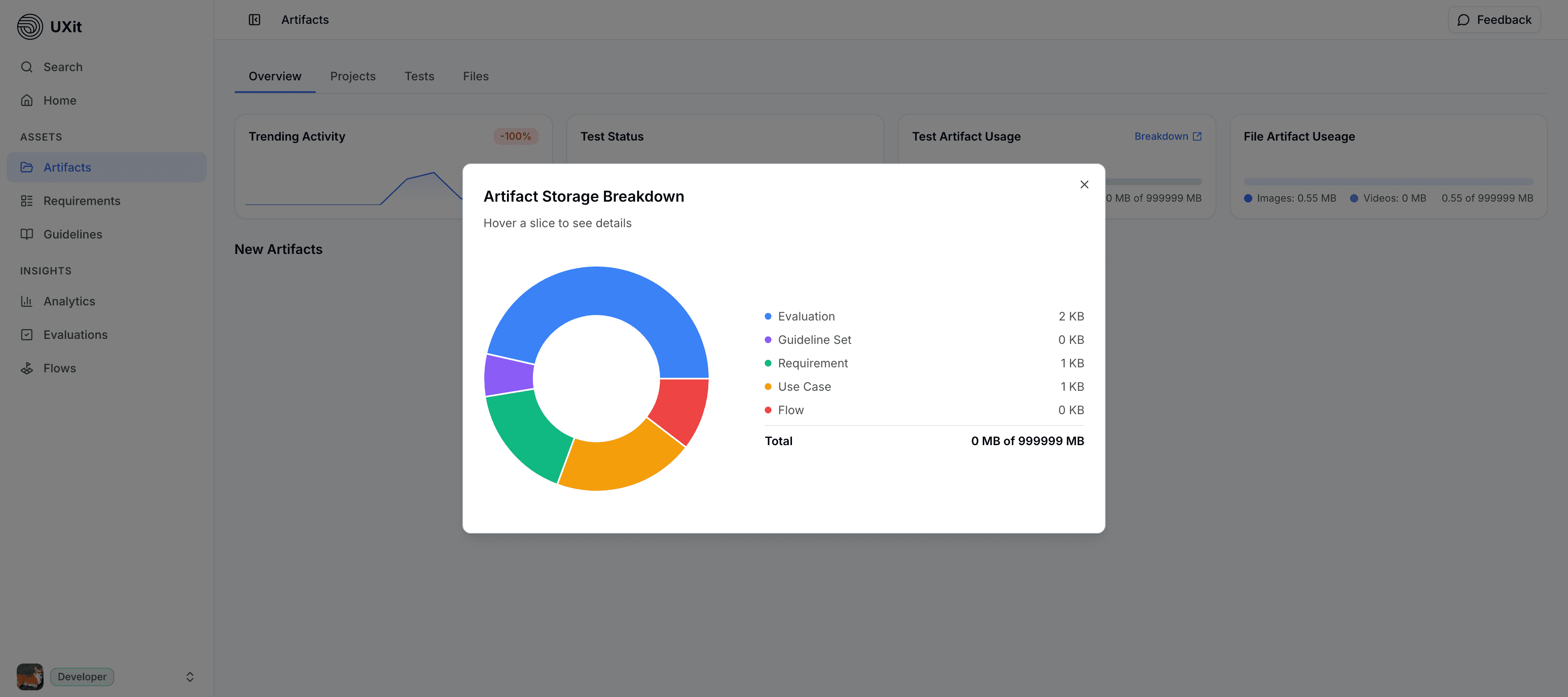UXit artifact storage breakdown modal