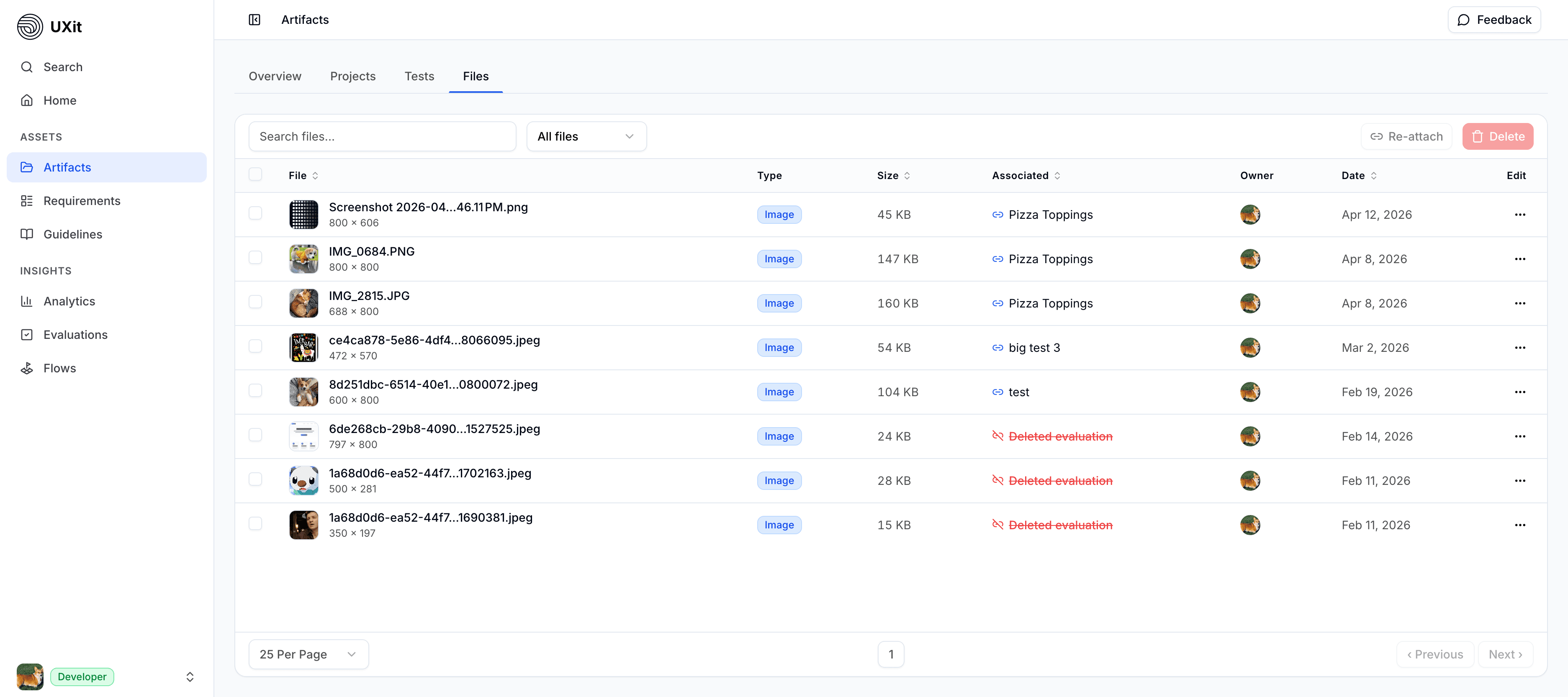 UXit files table with uploaded screenshots and associations