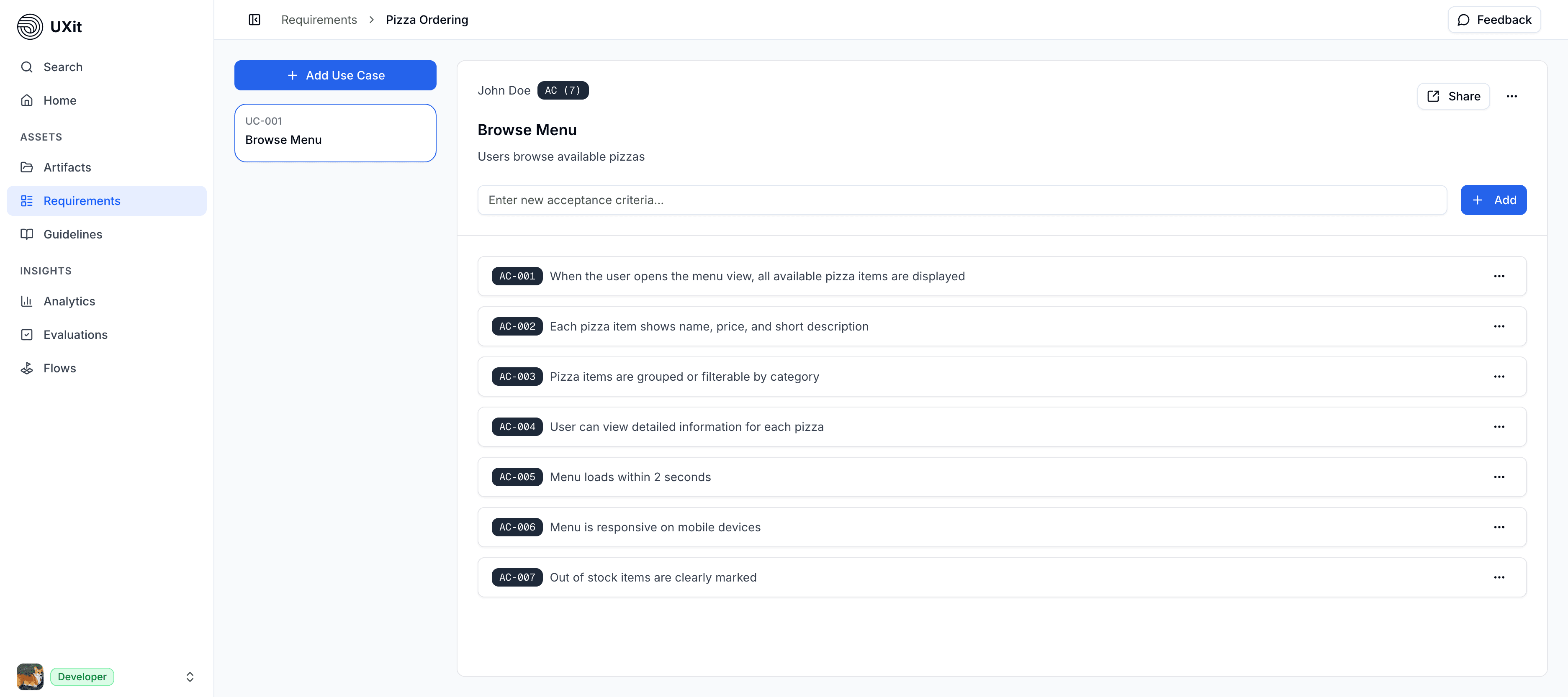 UXit requirements view with use cases and acceptance criteria