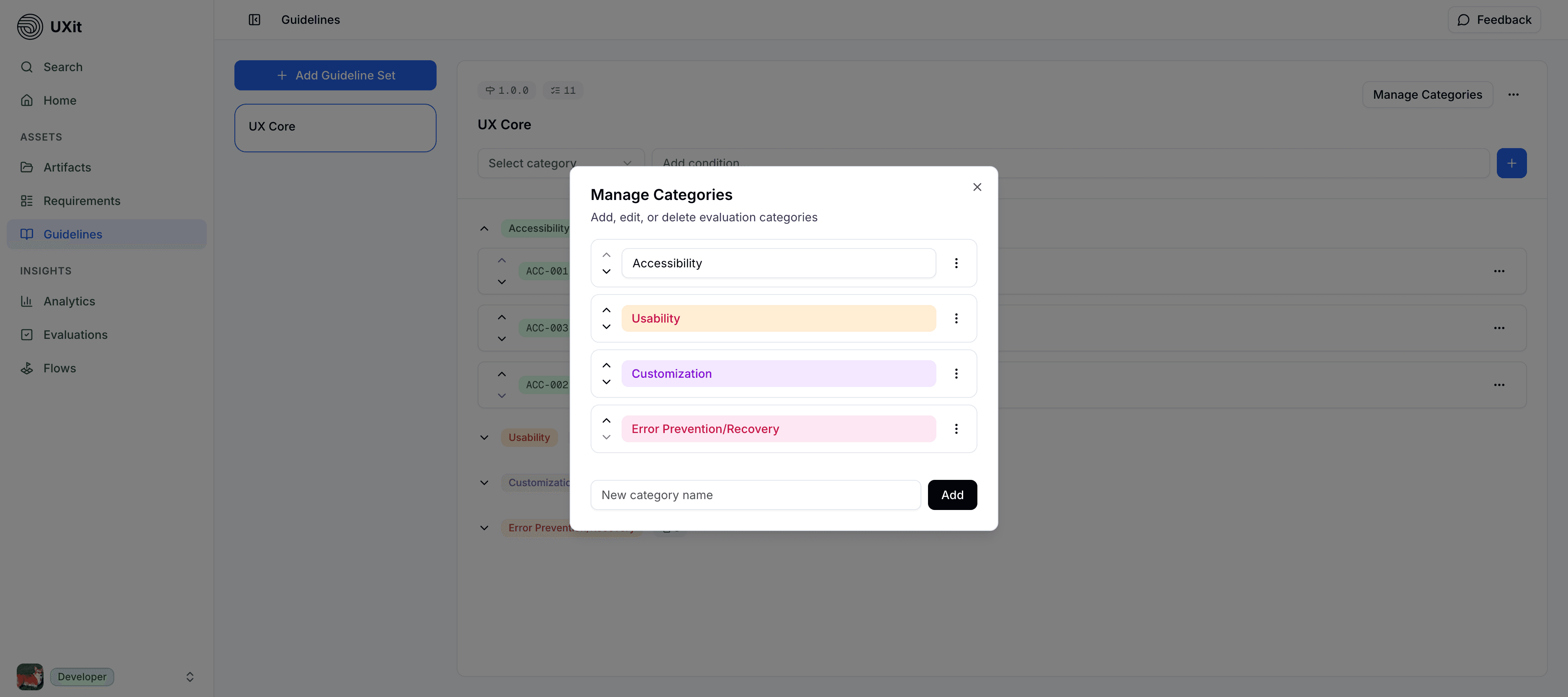 UXit guideline category management modal