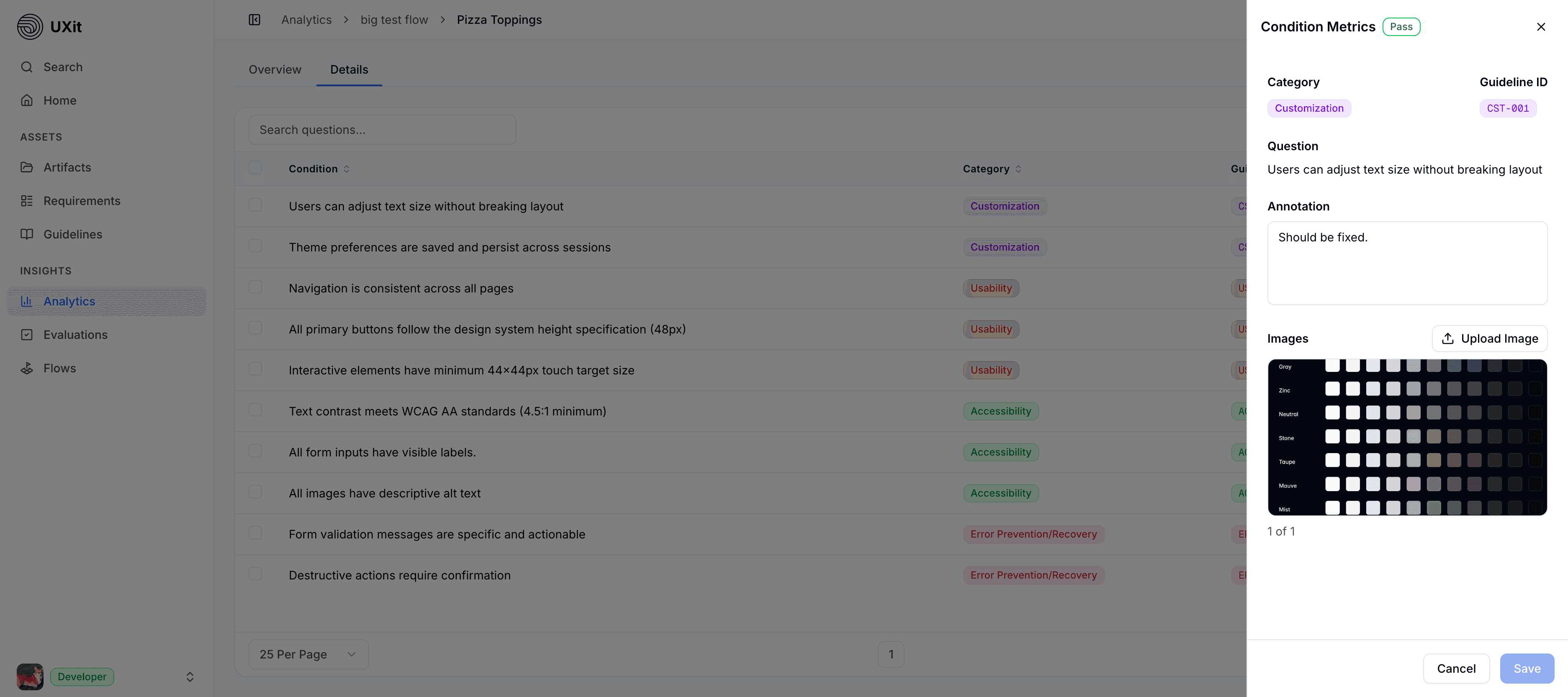 UXit condition metrics drawer with annotation and image evidence