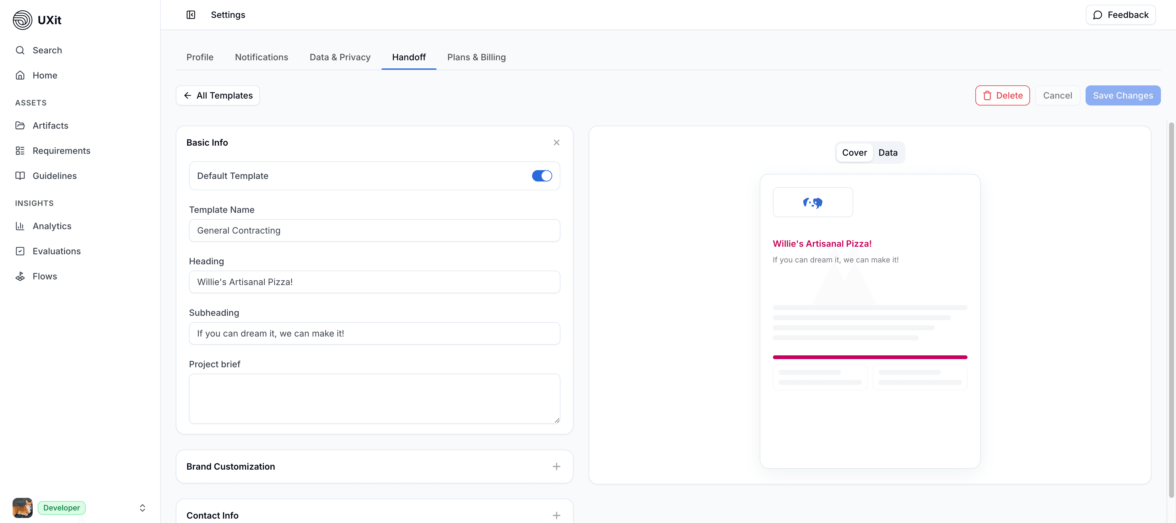 UXit handoff template editor with report preview