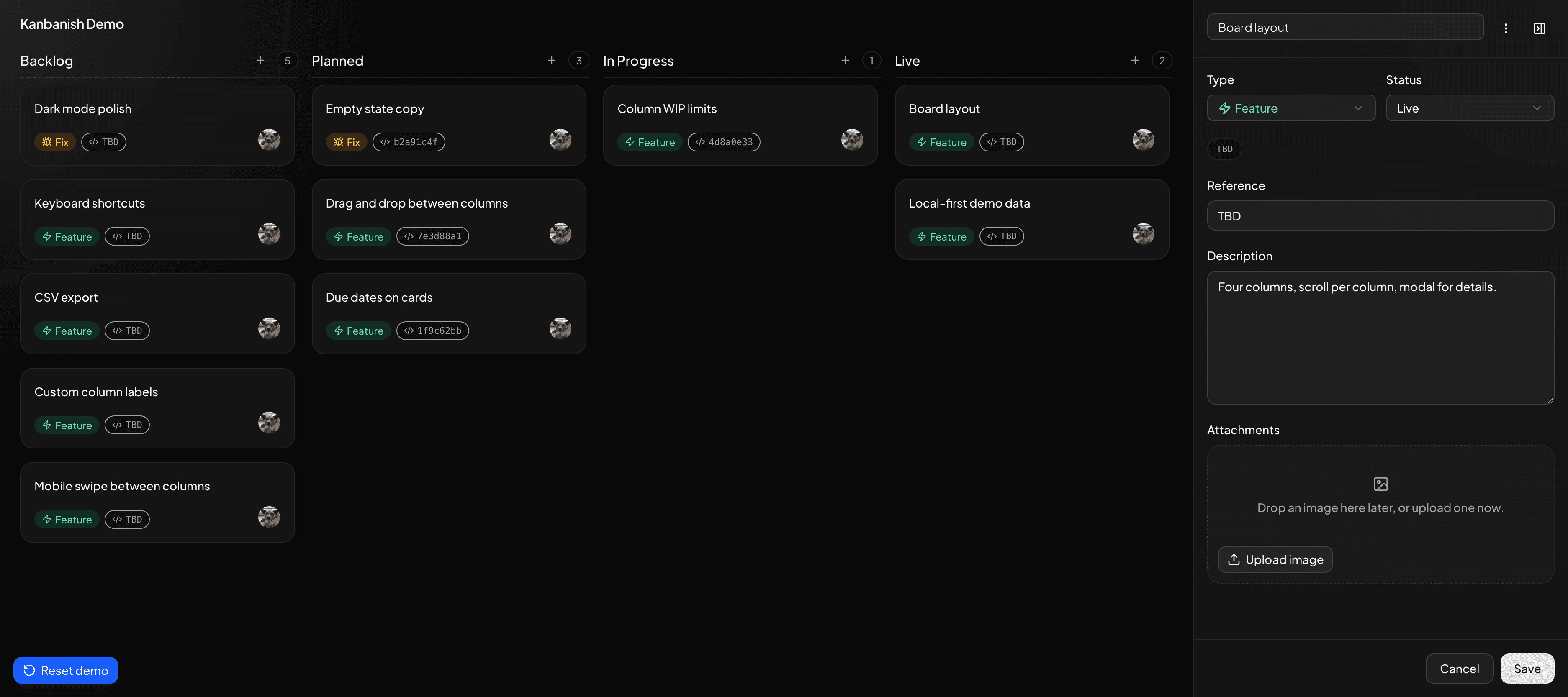 Kanbanish side panel for editing card details