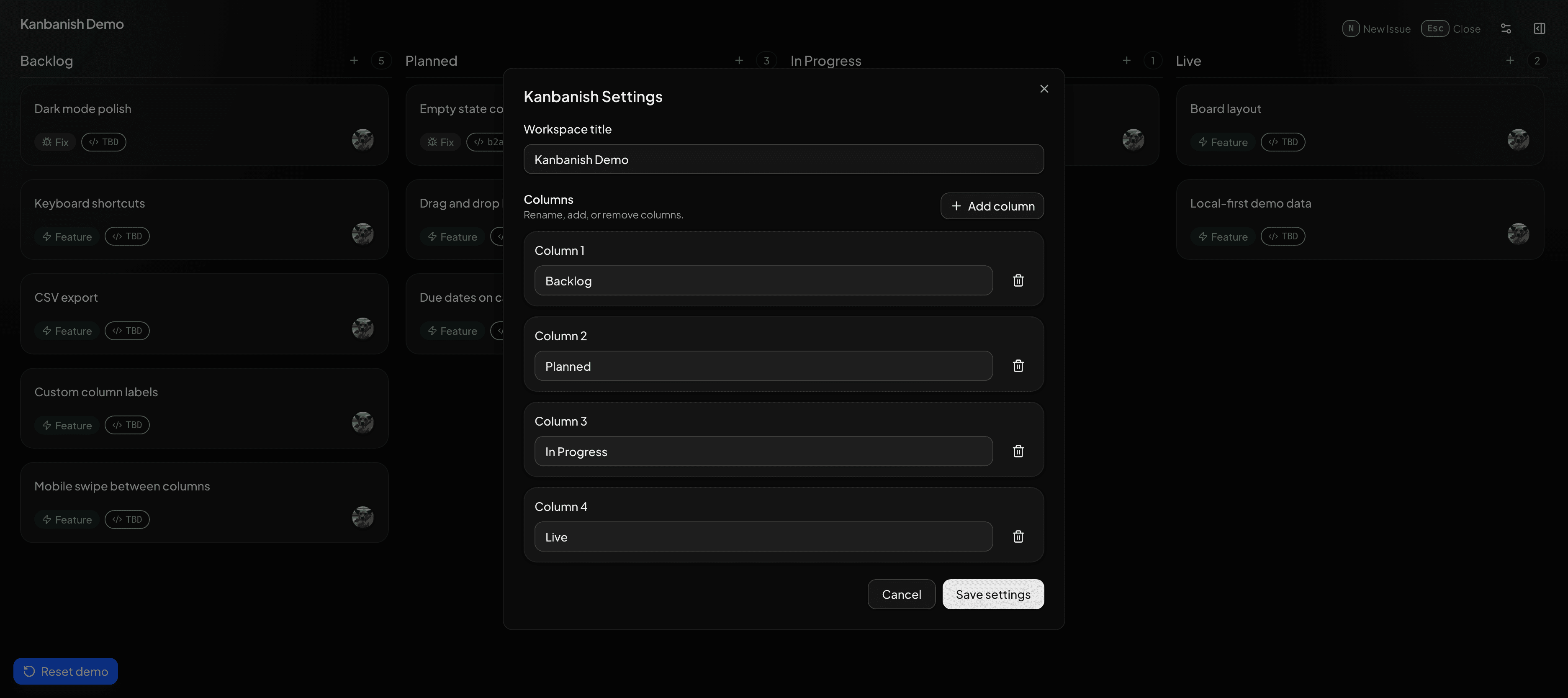 Kanbanish settings modal with workspace title and editable columns