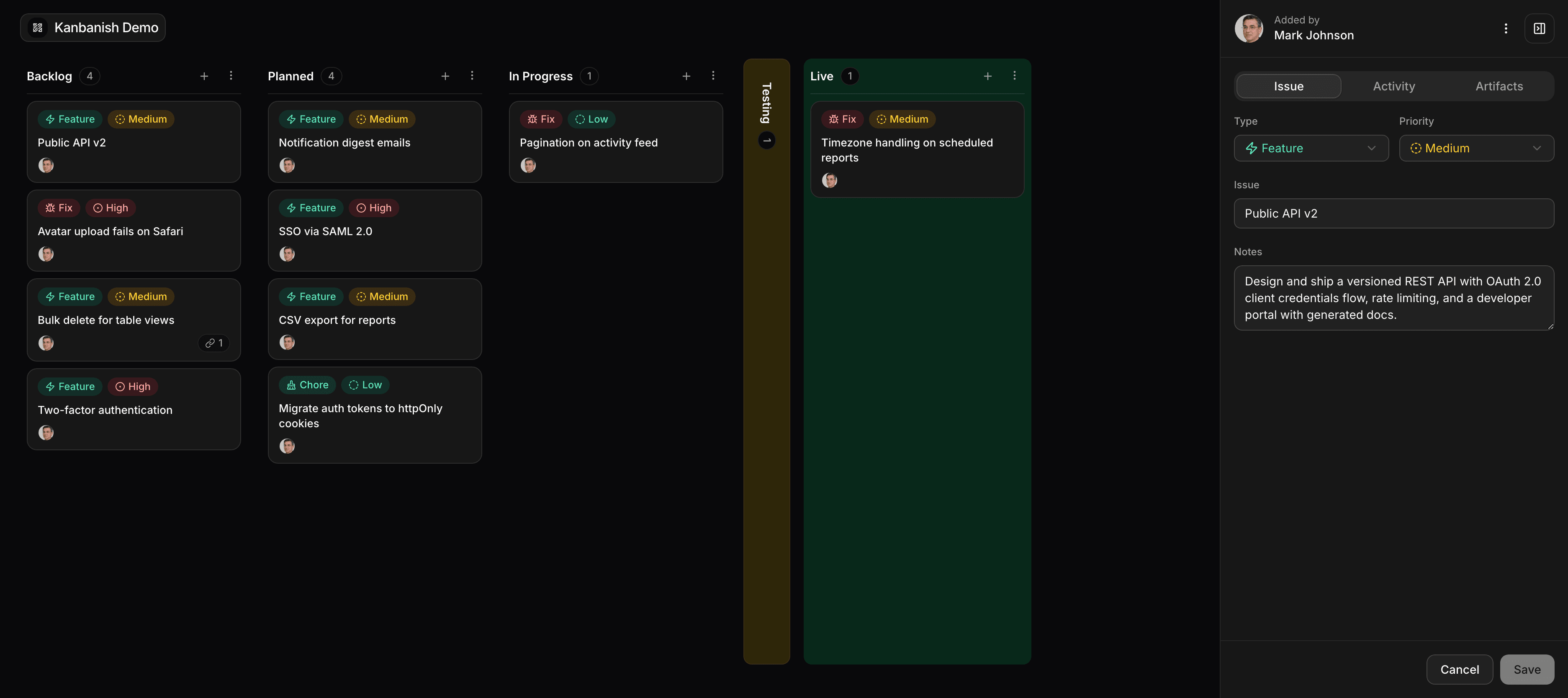 Kanbanish Issue tab for editing card type, priority, title, and notes