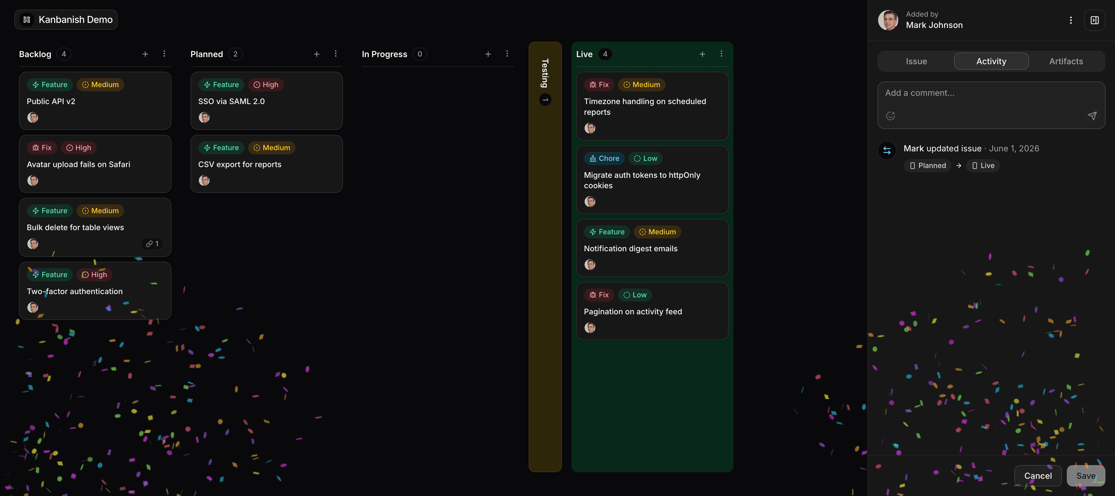 Kanbanish board after a card is moved into Live, with confetti and Activity tab open