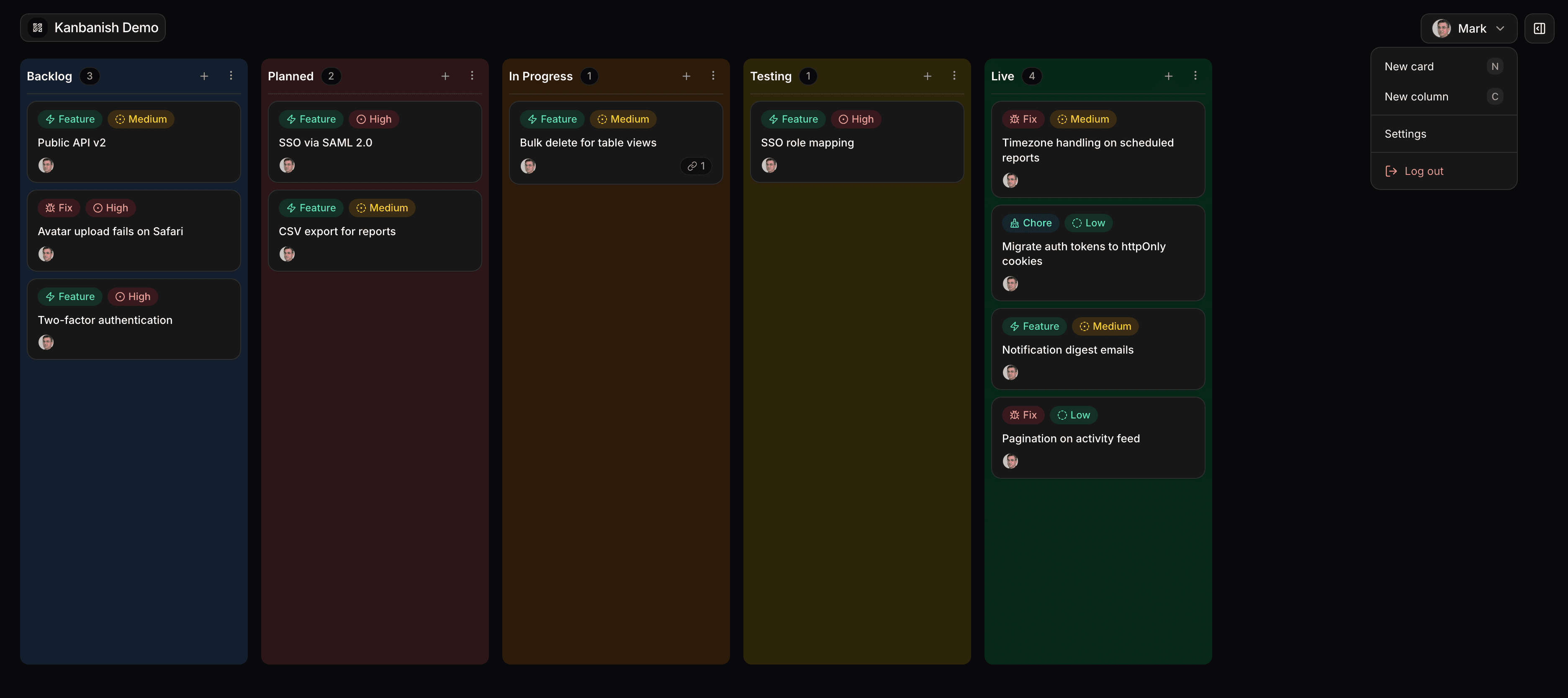 Kanbanish dark-mode board with five columns and compact card layout