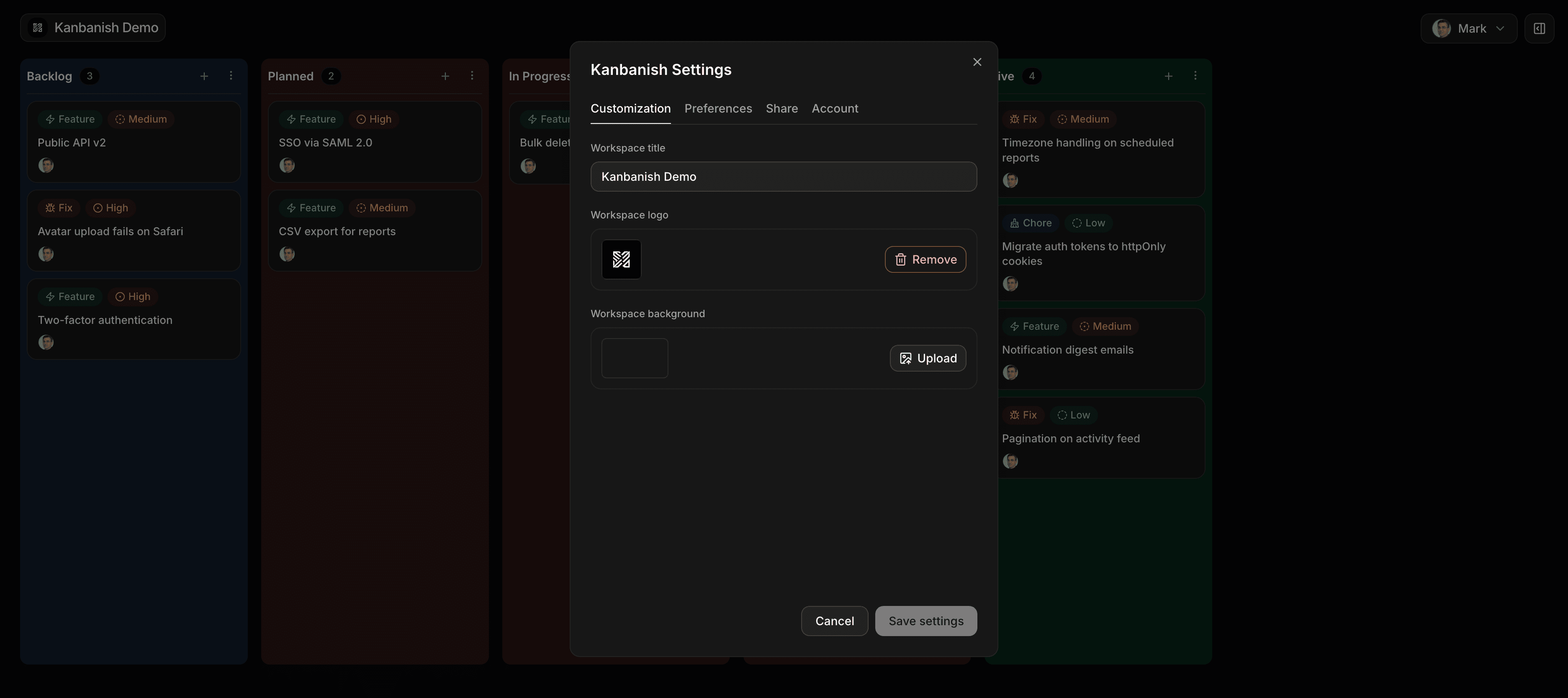 Kanbanish customization settings for workspace title, logo, and background