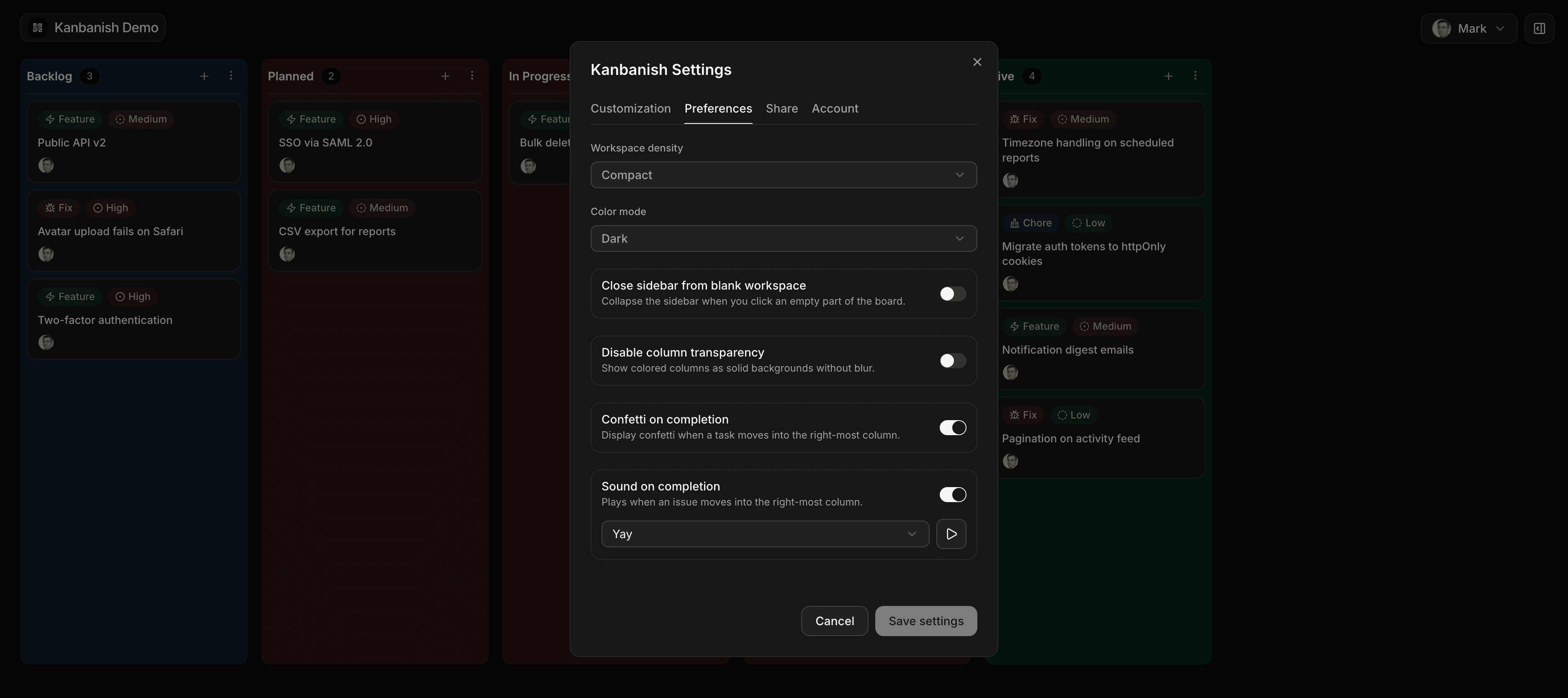 Kanbanish preferences for density, color mode, sidebar behavior, confetti, and sound