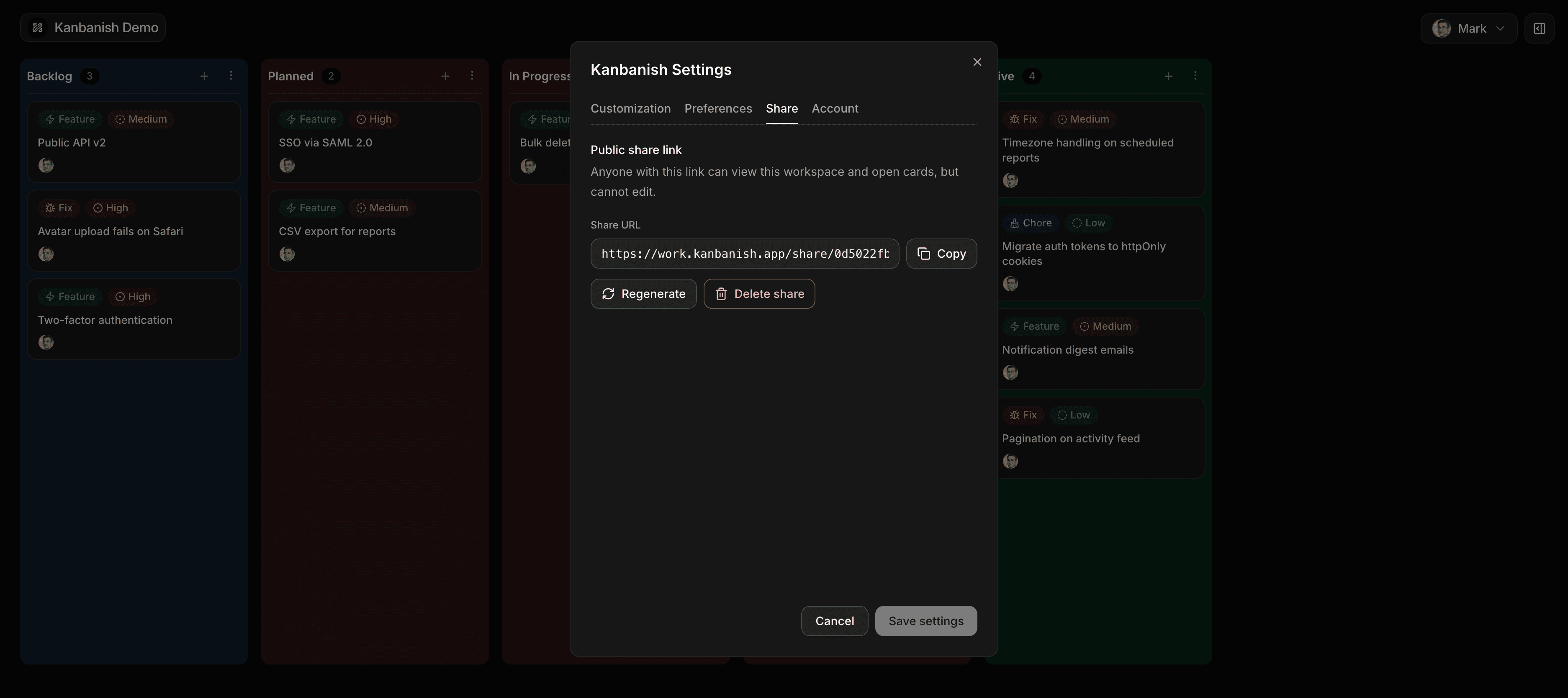 Kanbanish share settings with a public read-only workspace link