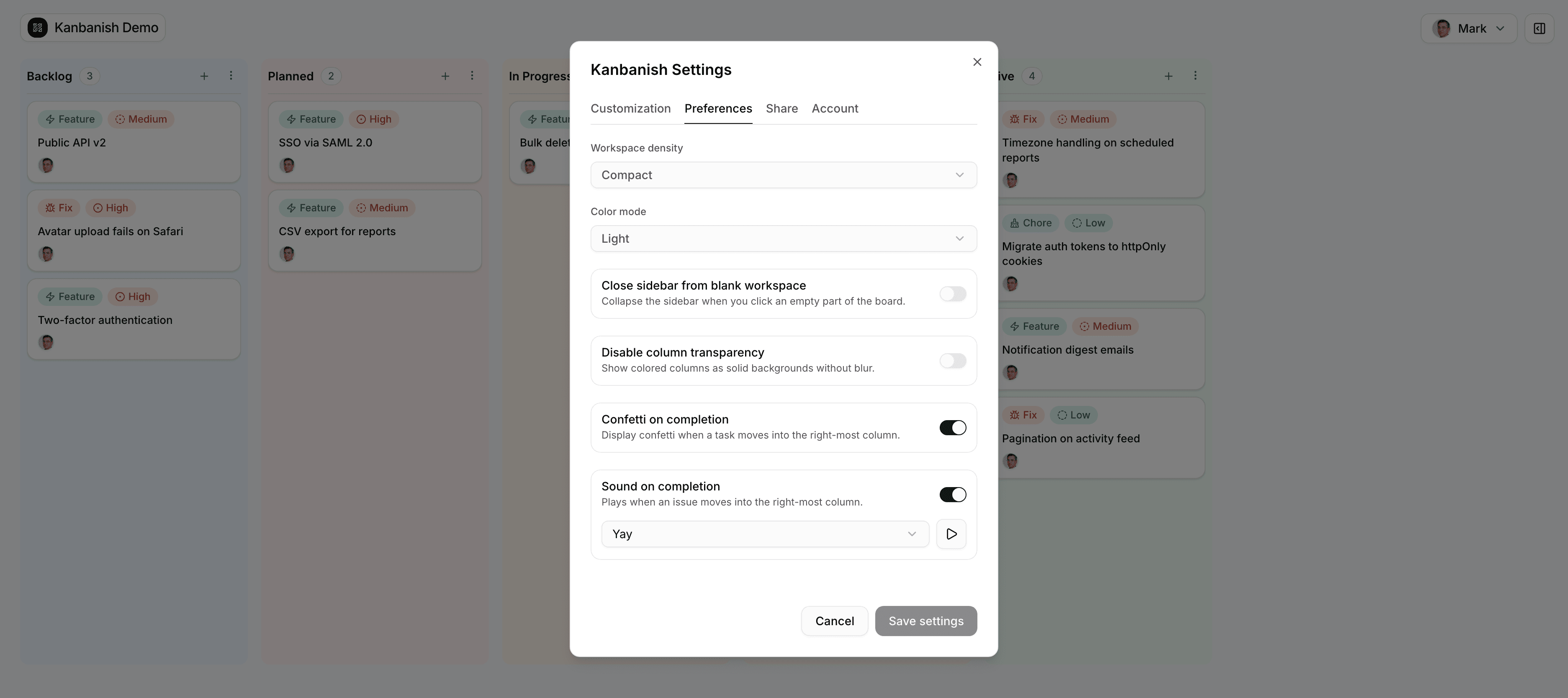 Kanbanish preferences for density, color mode, sidebar behavior, confetti, and sound