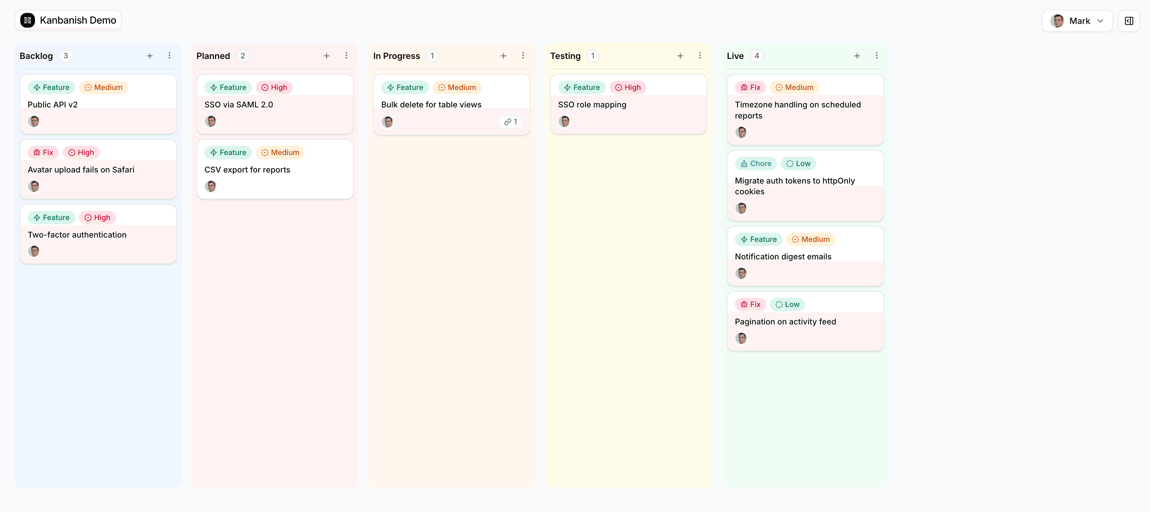 Kanbanish board in light mode with Backlog, Planned, In Progress, Testing, and Live columns
