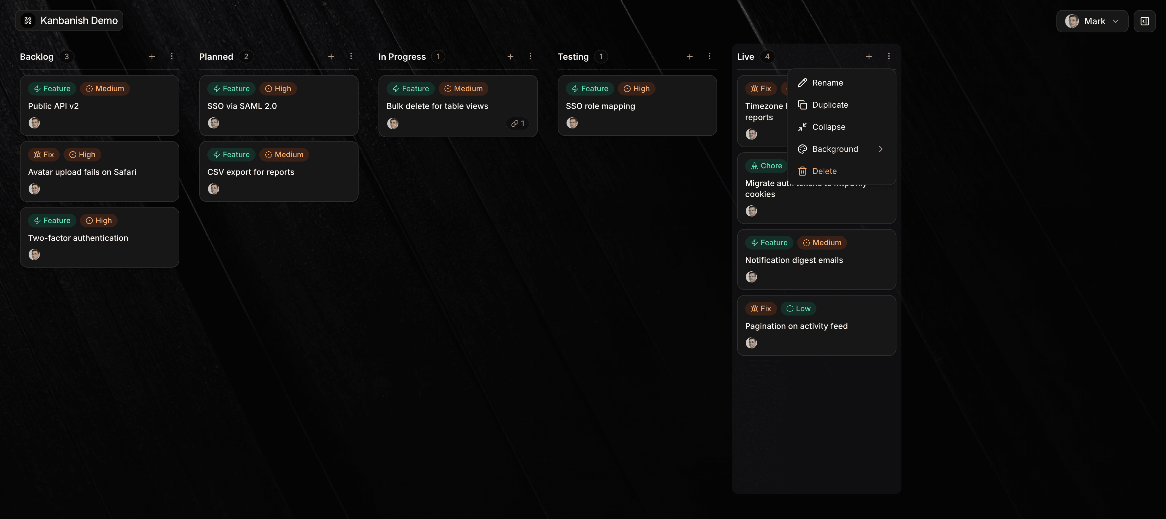 Kanbanish column menu with rename, duplicate, collapse, background, and delete actions