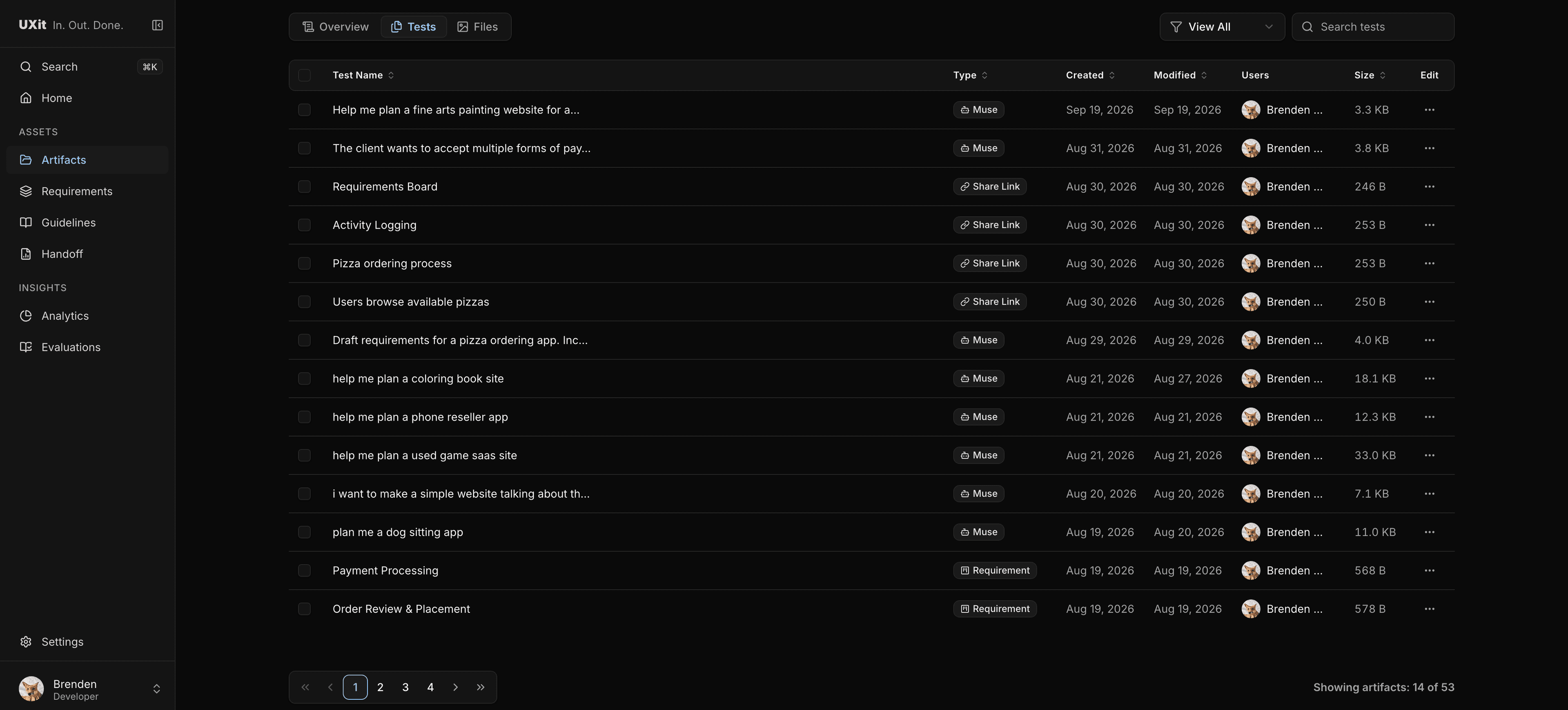 UXit artifacts table with tests, files, and associations