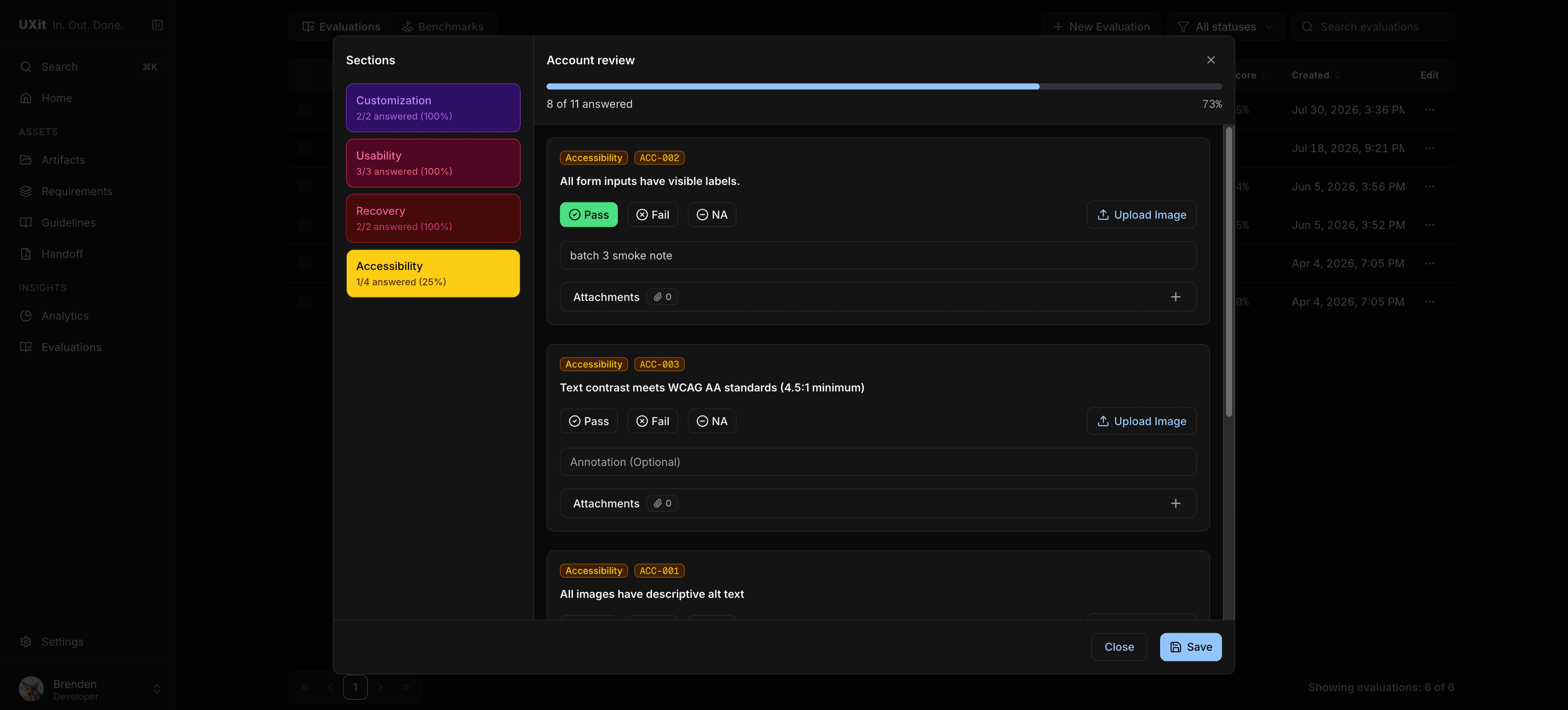 UXit evaluation with pass, fail, and evidence fields