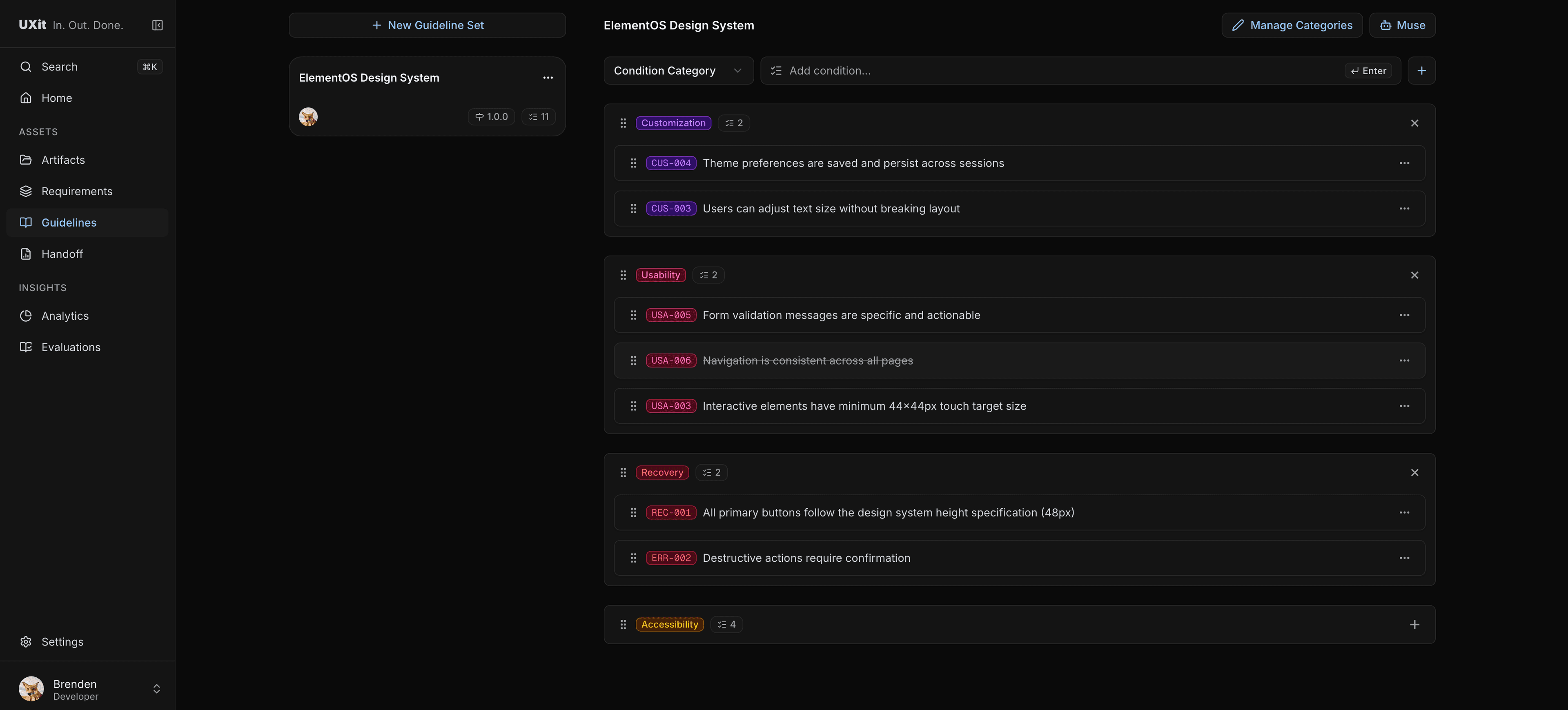 UXit guideline categories with review conditions