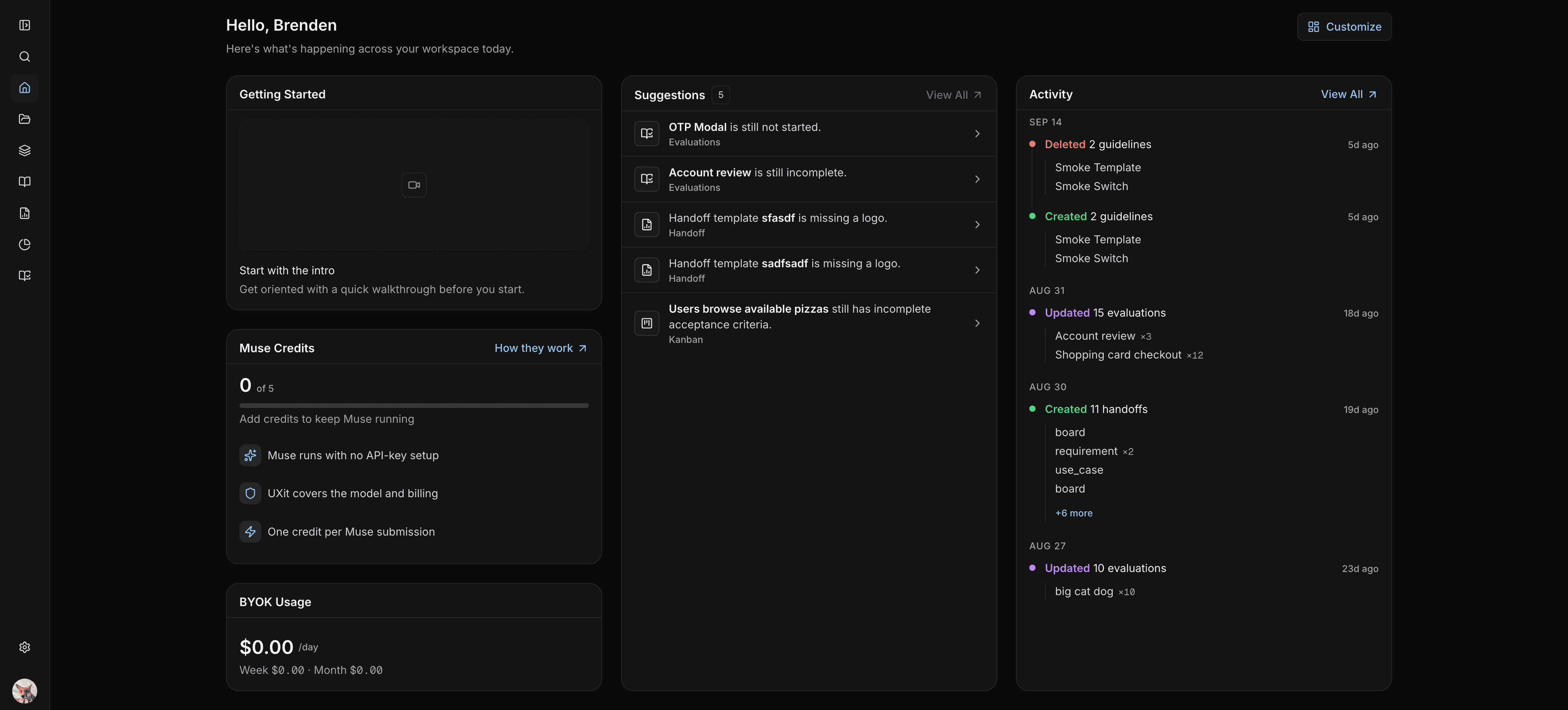 UXit home dashboard with workflow cards