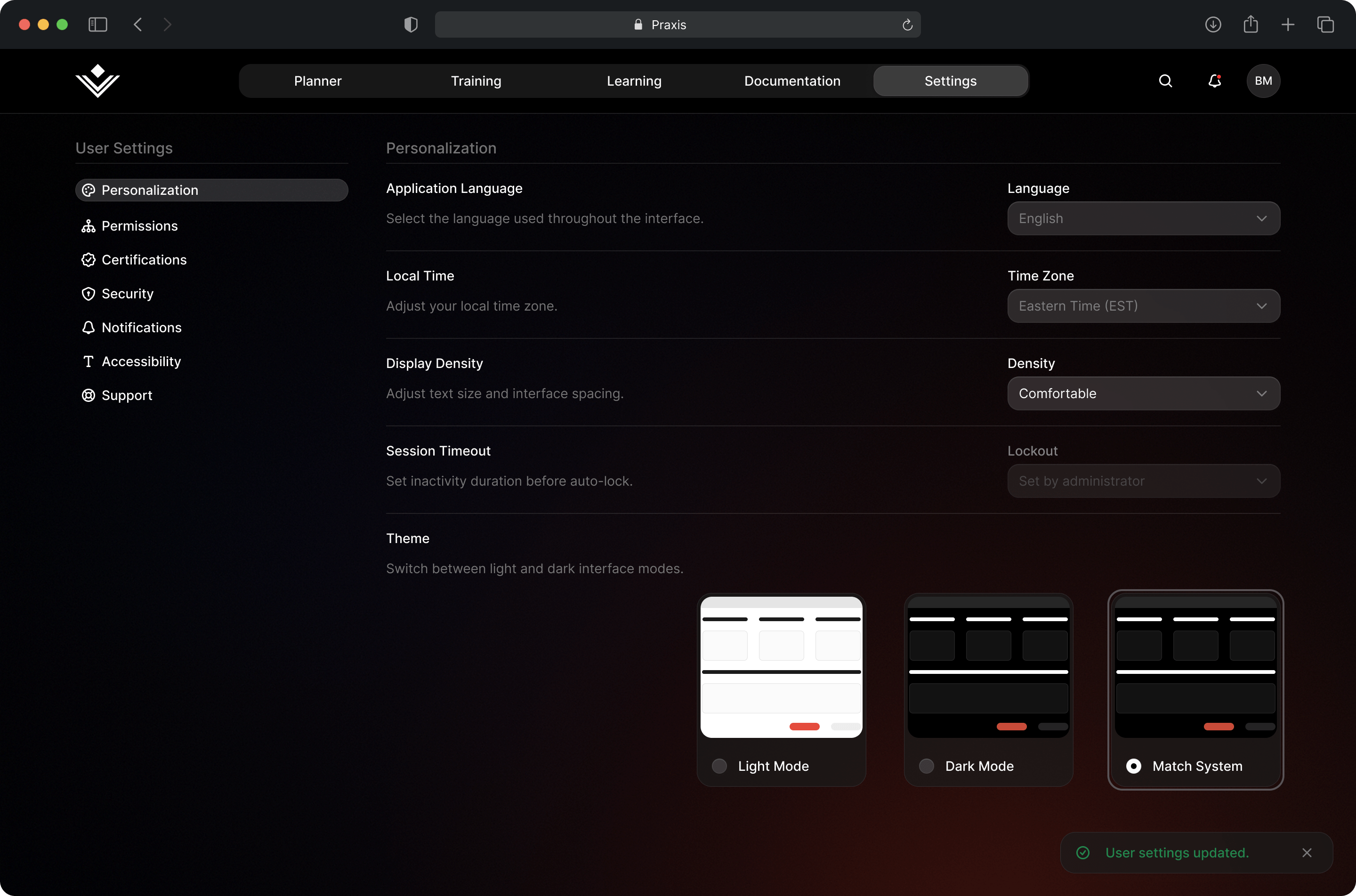 Praxis Settings Page